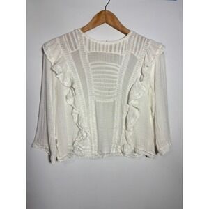 Free People White Ruffle Lace Gauze Boho Peasant Blouse Top Women's L